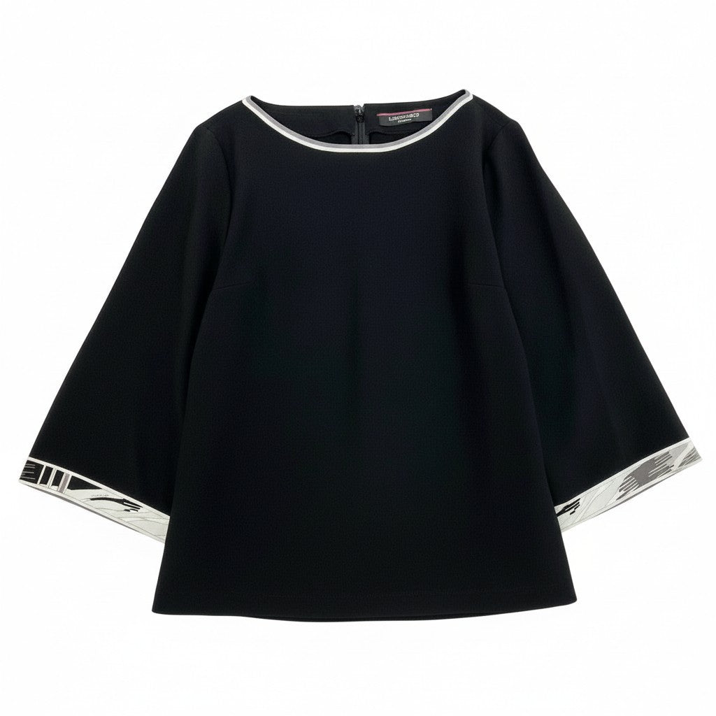 20a14 LEONARD FASHION レオナール 7分袖カットソー トップス カンカン素材  レディース 女性用 サイズ42 ブラックo07t