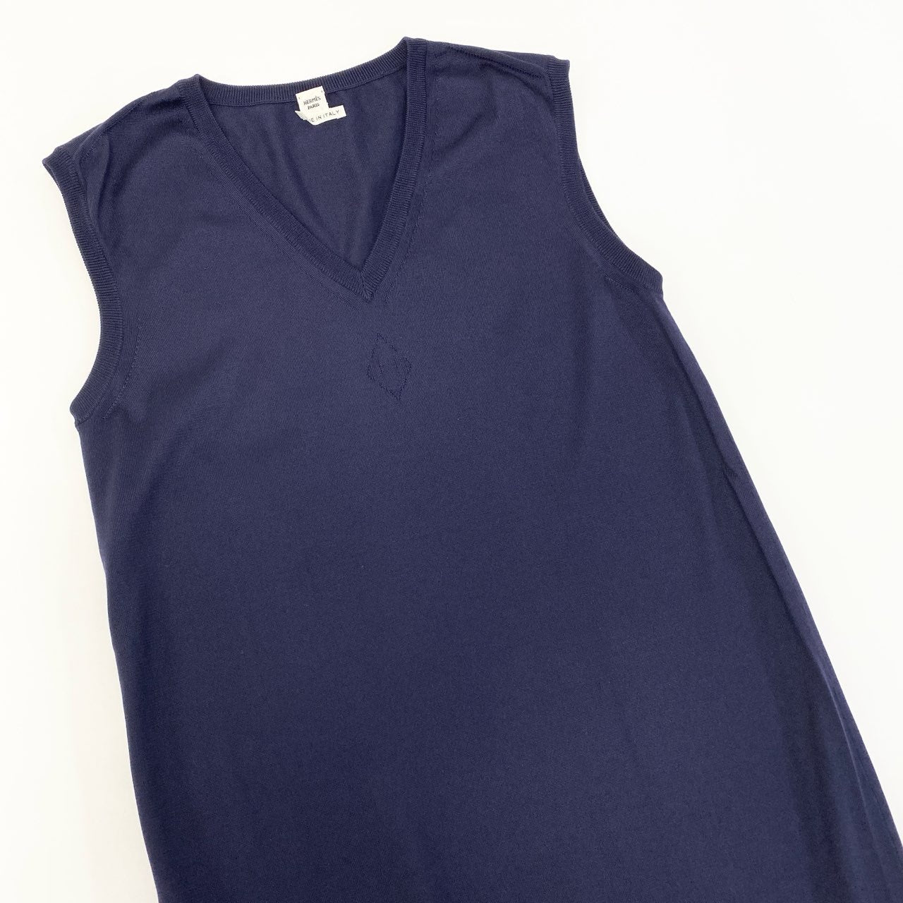 Ea29【美品】HERMES エルメス ノースリーブニットワンピース Vネック 胸元ロゴ 36サイズ ネイビー コットン100％ レディース 女性用o07t