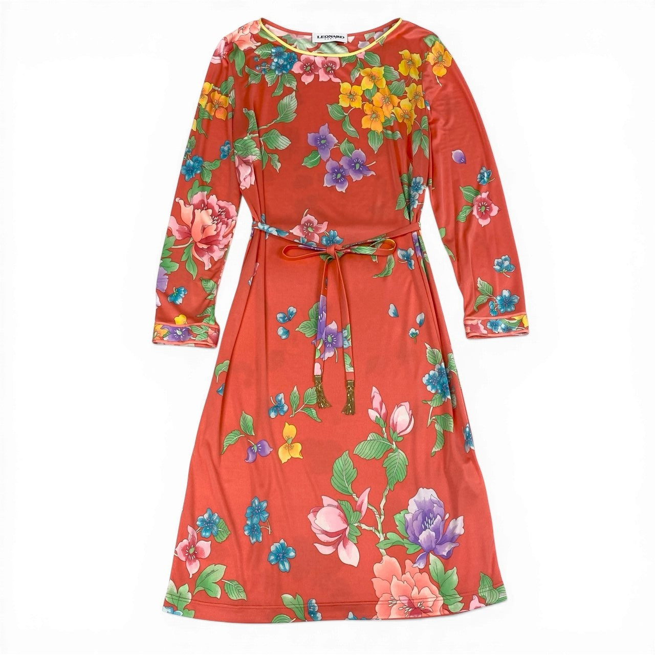 63d13 LEONARD PARIS レオナール ロングスリーブワンピース 美しい花柄プリント ウエストリボン付 イタリア製 サイズ40 オレンジ系 シルク100％ レディース 女性用u02t