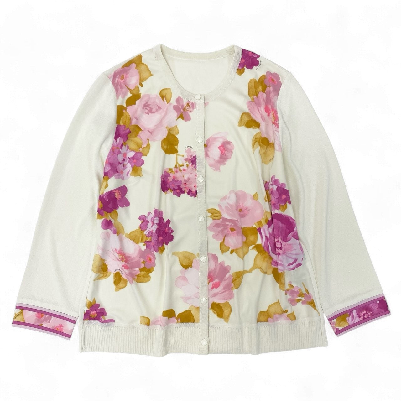 38k16 LEONARD レオナール カーディガン  カンカン素材 花柄 日本製 0157201 42サイズ アイボリー マルチカラー レディースu02t