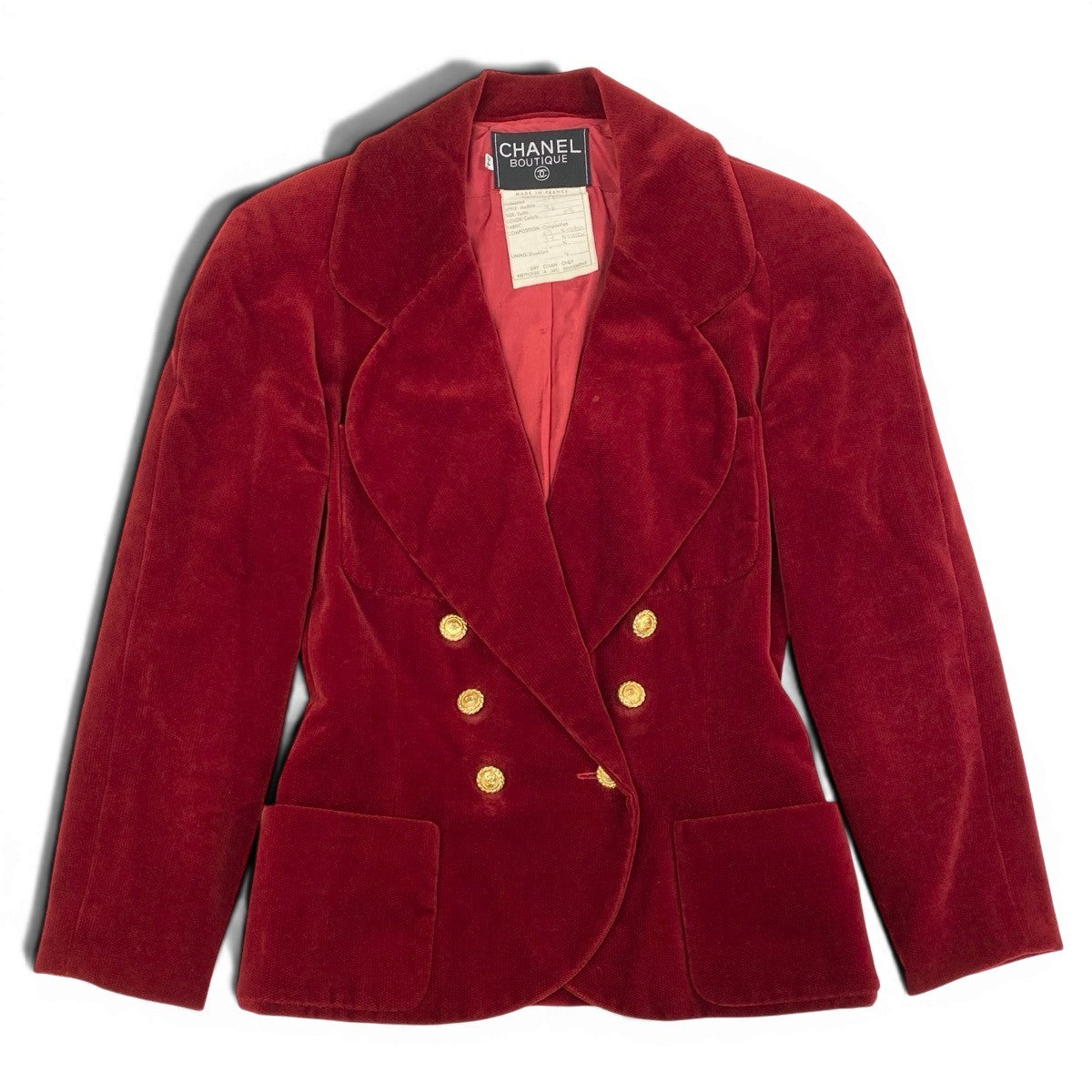 Cf29 CHANEL BOUTIQUE シャネル 1986年 ベルベットジャケット ココマーク 金ボタン ダブルブレスト サイズ34 レッド レディースta1
