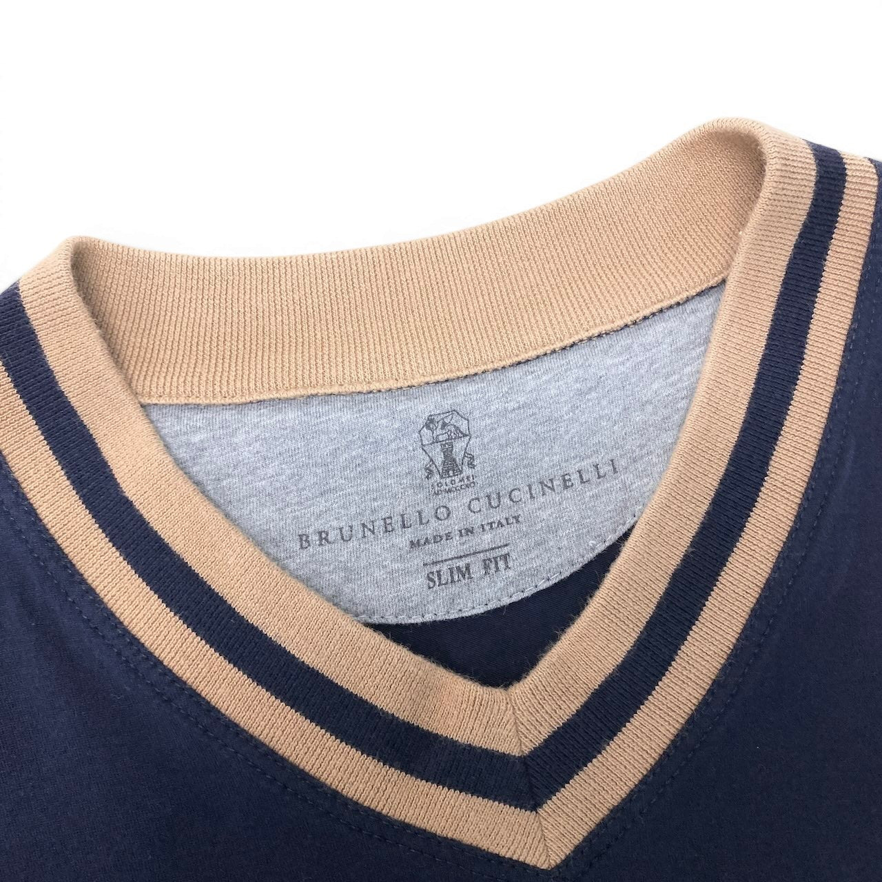 18e29 BRUNELLO CUCINELLI ブルネロクチネリ SLIM FIT リブネック 半袖Tシャツ カットソー サイズXS ネイビー ベージュ コットン100％ メンズ 紳士服o07t