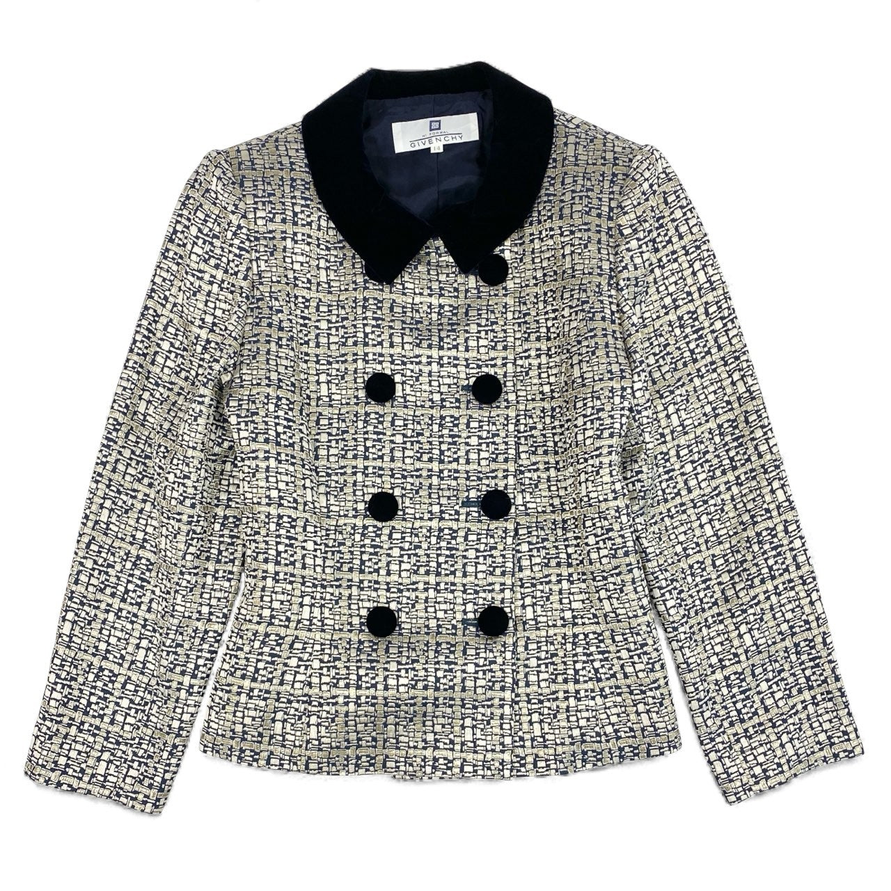 24l15《美品》 Vintage GIVENCHY ジバンシー  ベロア切替 テーラードジャケット ブレザー 総柄 14 ゴールド系 画像参照 レディースu02t