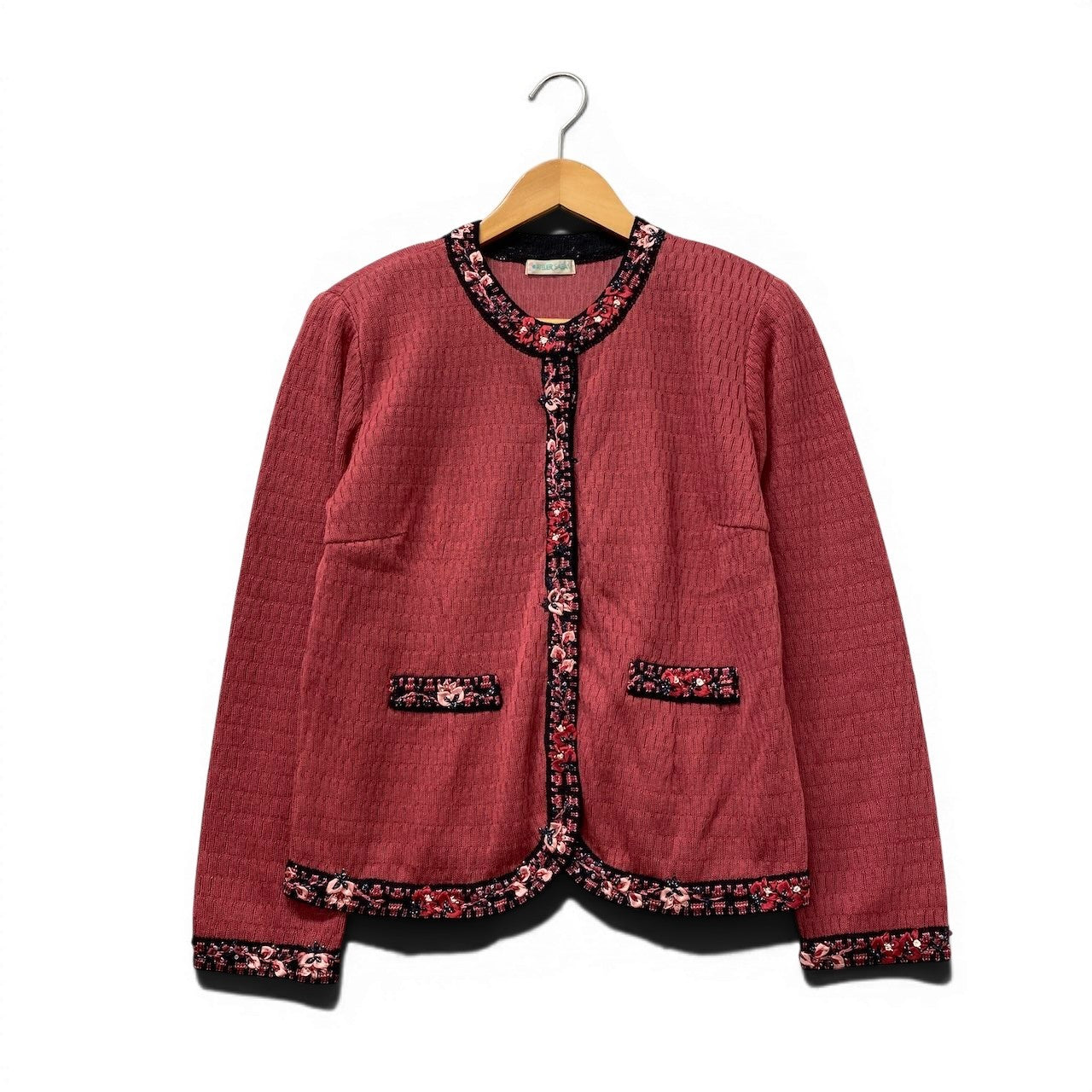 33g2 ATELIER SAGAN アトリエサガン ニットカーディガン リネンカーディガン 花刺繍デザイン  Mサイズ ピンク系 レディース 女性用u02t