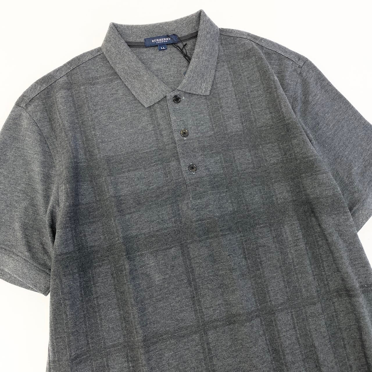 59d28 【未使用タグ付】 BURBERRY LONDON バーバリー 半袖 ポロシャツ コットンシャツ トップス チェック柄 大きいサイズ LL ダークグレー 綿100％ メンズ 紳士服u02t