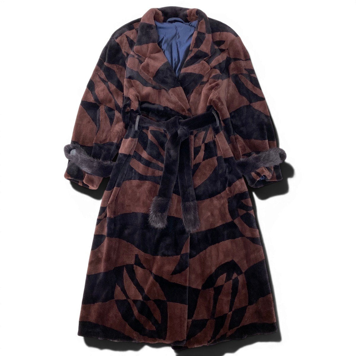93h8 シェアードミンク 幾何学模様 ロングコート サイズF ブラウン ブラック 本毛皮 Mink Fur Coat ベルト付t18r
