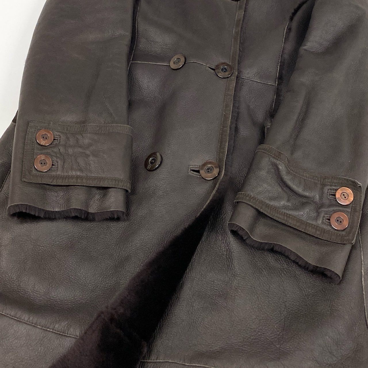 60l16 AIGNER アイグナー ムートンコート ロングコート レザーコート ダブル 46 ブラウン ムートン レディース イタリア製u02t