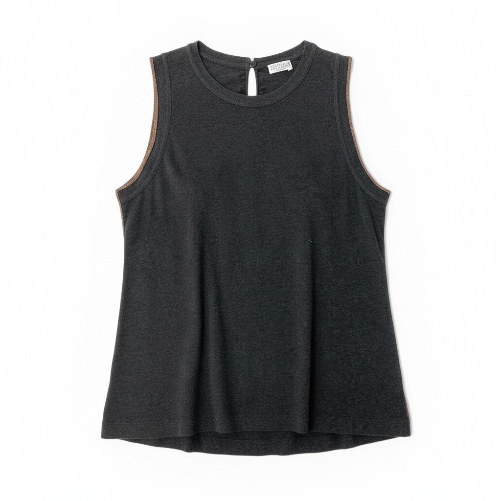 79c26 BRUNELLO CUCINELLI ブルネロクチネリ ノースリーブTシャツ ノースリーブカットソー ビーズ パイピング トップス Sサイズ グレー レディース 女性用u02t