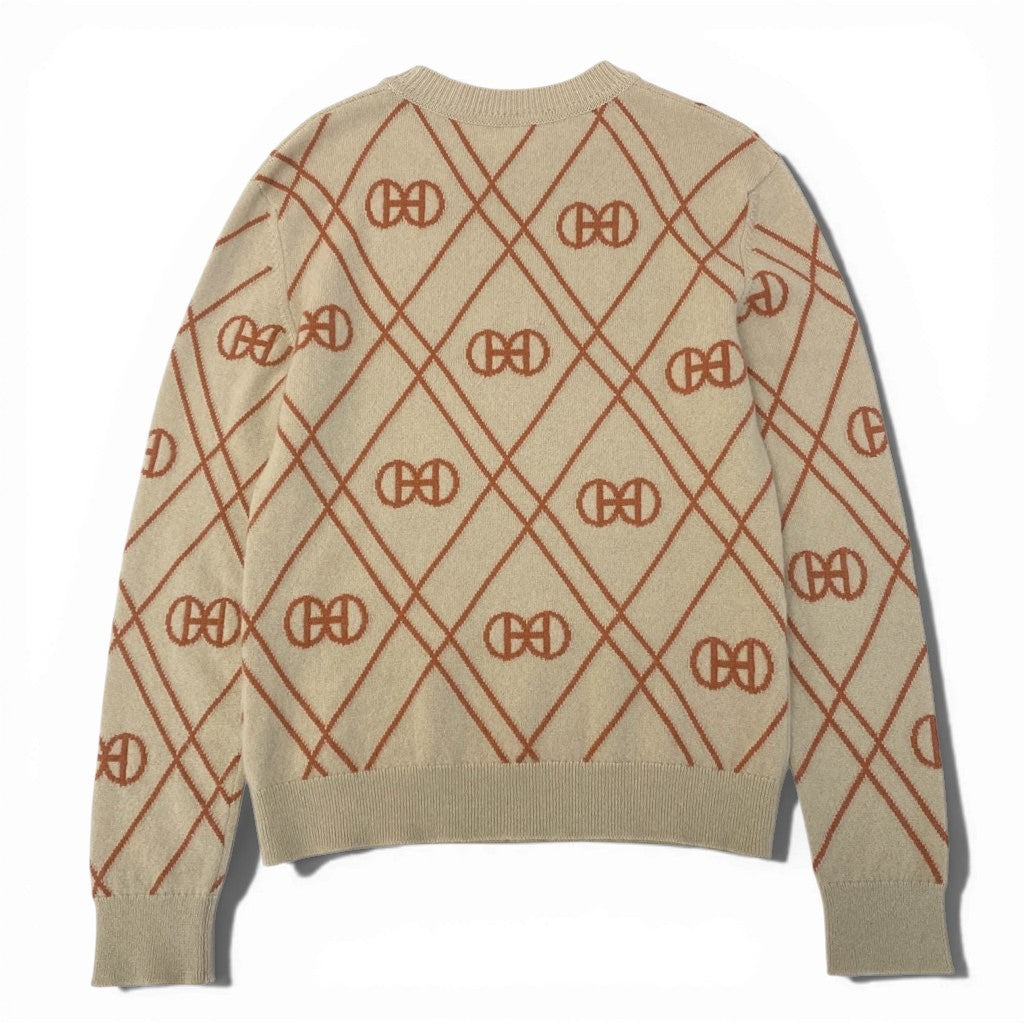29a9 HERMES エルメス Hロンド カシミヤ ニットセーター クルーネック 総柄 長袖 レディース 女性用 2E2632DT 34 ベージュ カシミア100％o07t
