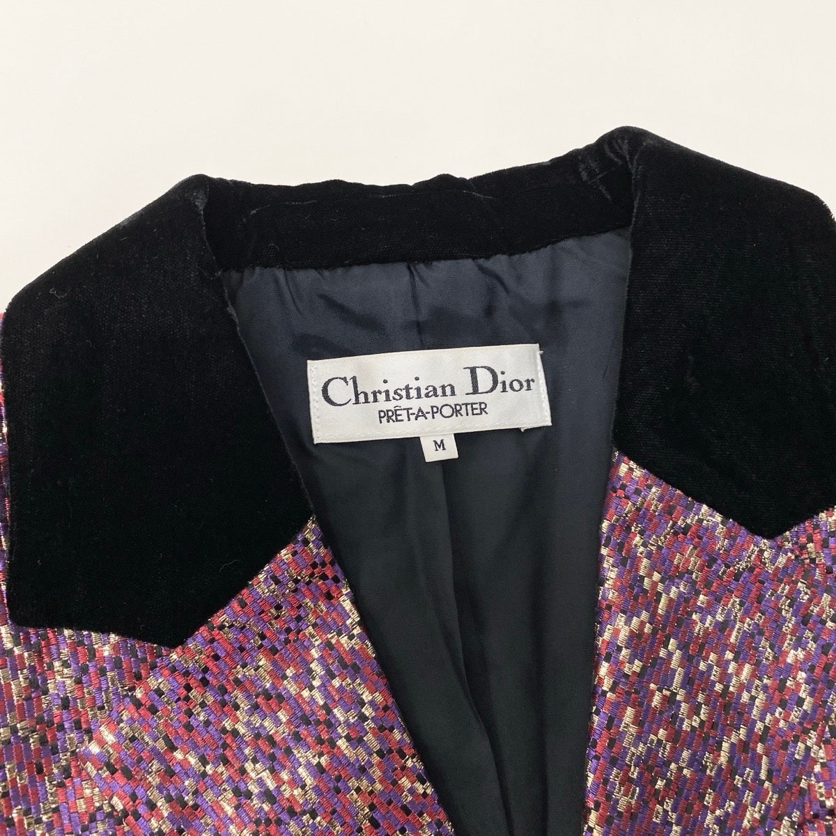 27g8 【美品】Christian Dior クリスチャンディオール テーラードジャケット ベロア切替 ラメ アウター Mサイズ パープル系 アセテート100％ レディース 女性用u02t