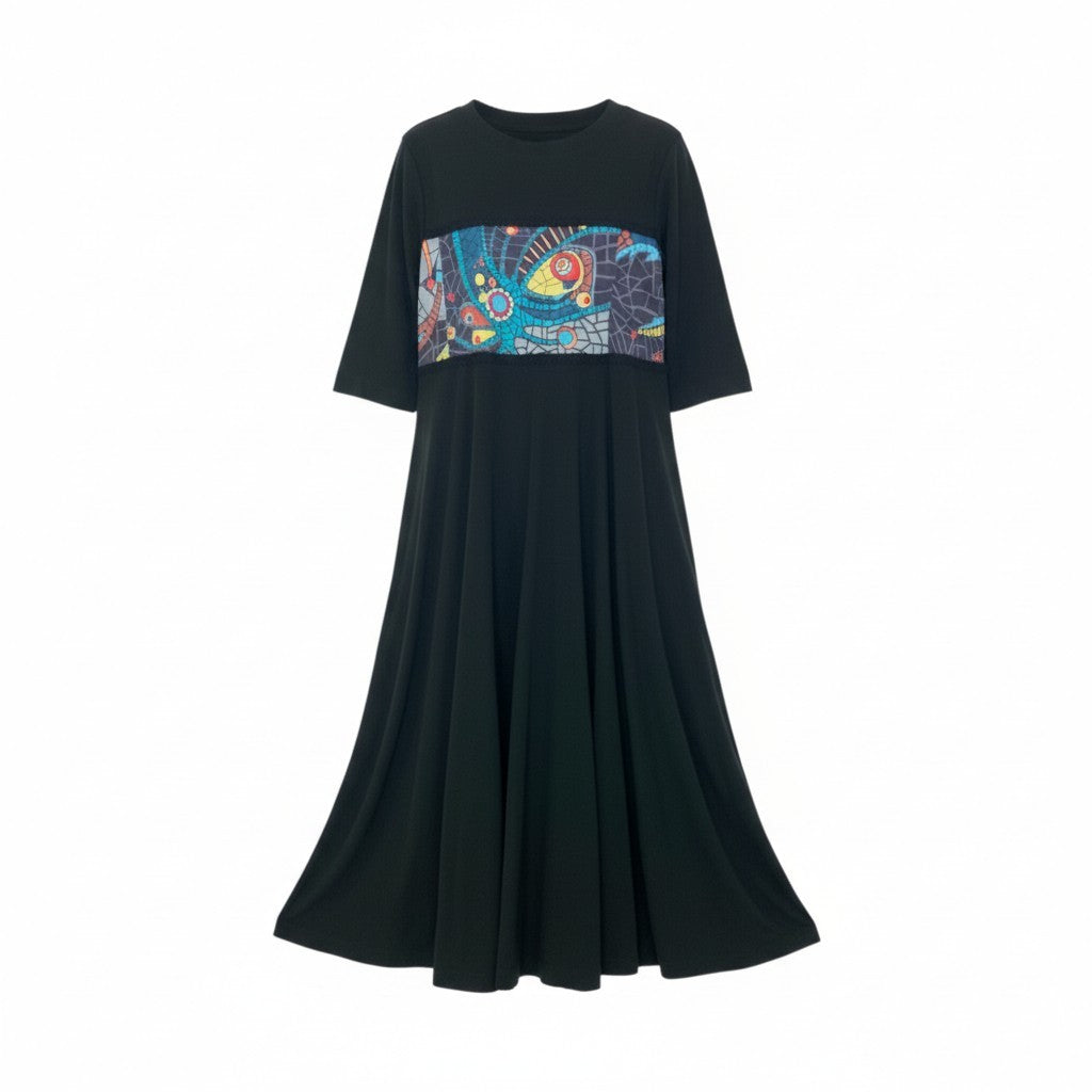 28k29《美品》 TOKUKO 1er VOL トクコプルミエヴォル 五分袖 ロングワンピース フレアワンピース 切替プリント 裾メッシュ レディース 女性用 9 ブラックu02t