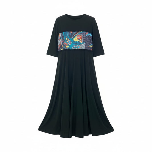 28k29《美品》 TOKUKO 1er VOL トクコプルミエヴォル 五分袖 ロングワンピース フレアワンピース 切替プリント 裾メッシュ レディース 女性用 9 ブラックu02t