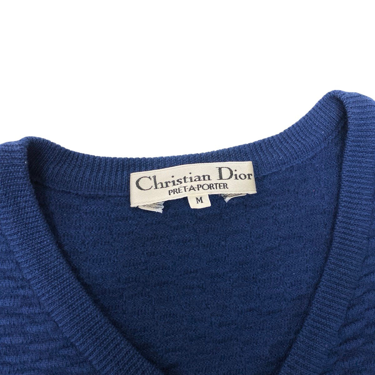 55h21 Christian Dior クリスチャンディオール Vネック ニットセーター リブ切替 裾ロゴ刺繍 サイズM ネイビー ウール100％ レディースu02t