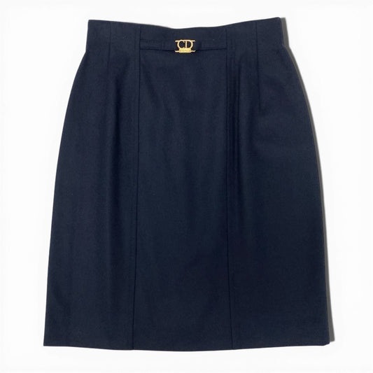 54l28【新品保管品】Christian Dior クリスチャンディオール Vintage ウールスカート タイトスカート ロゴ金具 Mサイズ ネイビー ウール100％ レディース 女性用o07t