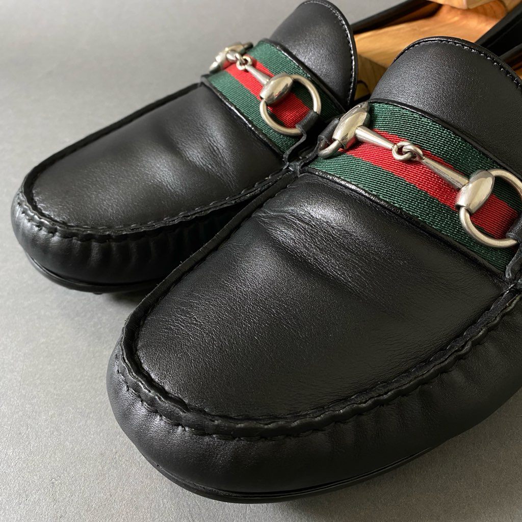 3h4 GUCCI グッチ ドライビングシューズ ウェブストライプ ホースビット シェリーライン レザーシューズ 450892 9 1/2 ブラック レザー