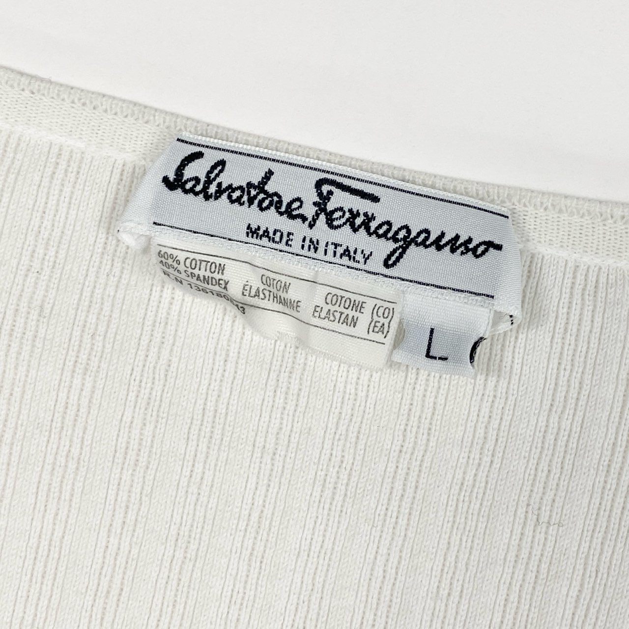 22a23 Salvatore Ferragamo サルヴァトーレフェラガモ ガンチーニボタン 7分袖 リブニット トップス L ホワイト コットン レディースu02t