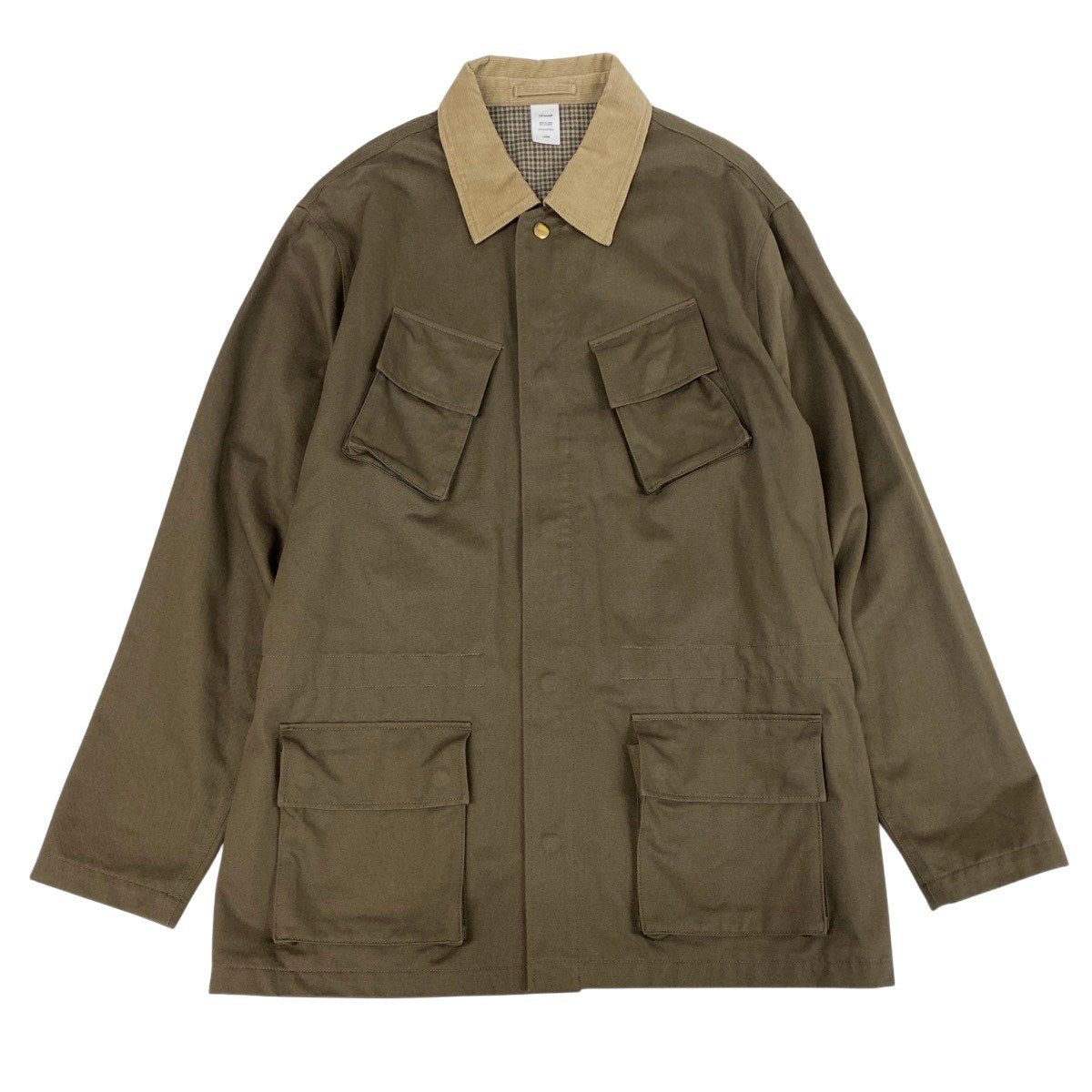 50f29 【美品】 JJJJound ジョウンド ミリタリージャケット コーデュロイ切替 4ポケット 裏地チェック柄 サイズL カーキ メンズ 紳士服o07t