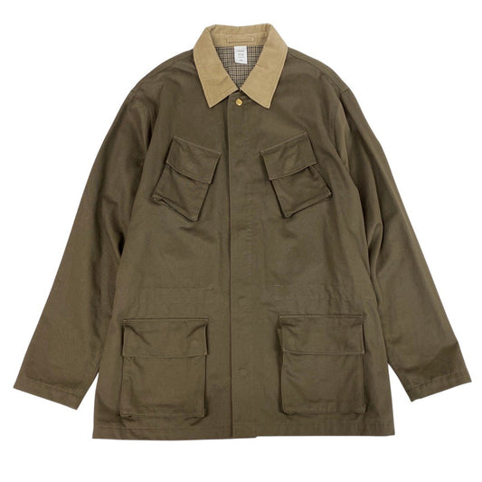 50f29 【美品】 JJJJound ジョウンド ミリタリージャケット コーデュロイ切替 4ポケット 裏地チェック柄 サイズL カーキ メンズ 紳士服o07t