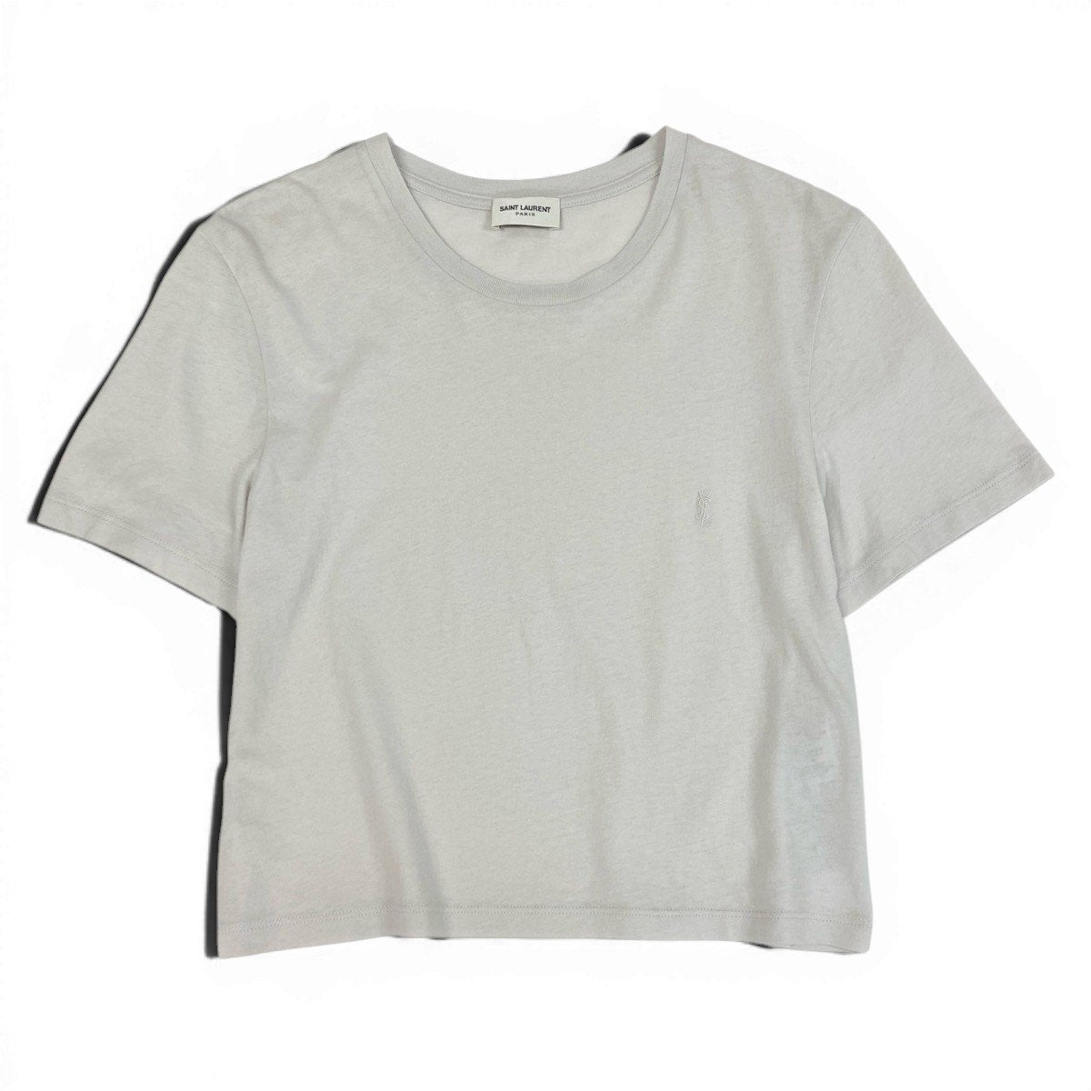 Ee29  SAINT LAURENT サンローラン クロップド丈 クルーネック 半袖Tシャツ YSLロゴ刺繡 サイズL ライトグレー コットン100％ レディース 女性服u02t