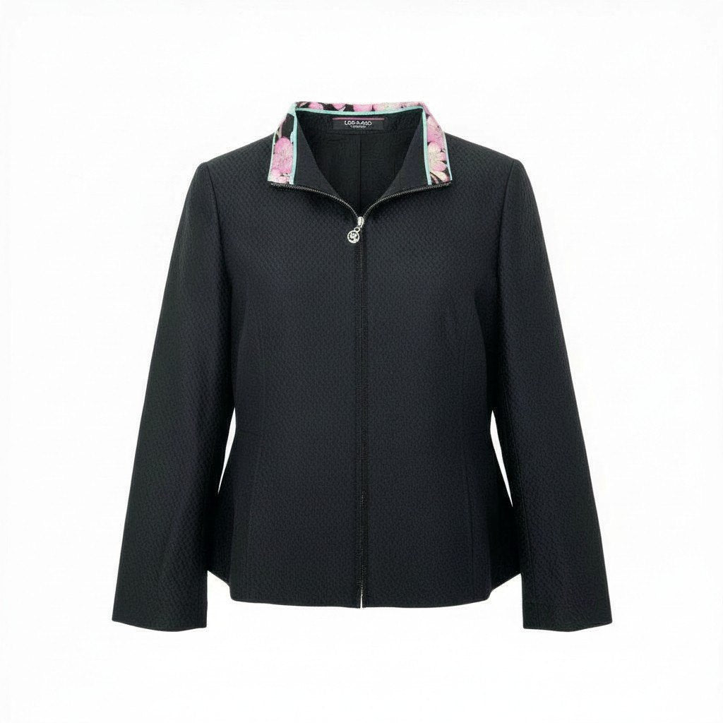 63a12 LEONARD FASHION レオナール フルジップ ジャケット ロングスリーブ 美しい花柄プリント〇 裏地花柄 レディース 42 ブラック シルク ウールo07t