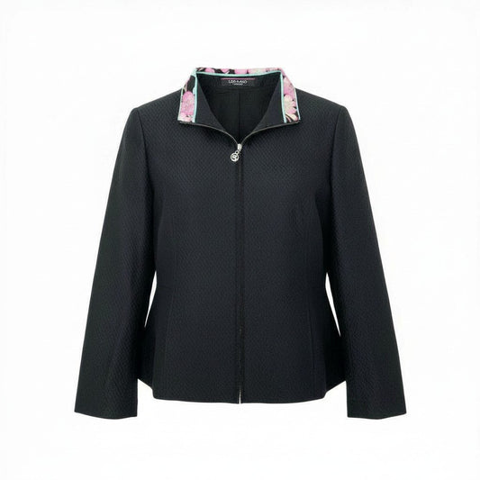 63a12 LEONARD FASHION レオナール フルジップ ジャケット ロングスリーブ 美しい花柄プリント〇 裏地花柄 レディース 42 ブラック シルク ウールo07t