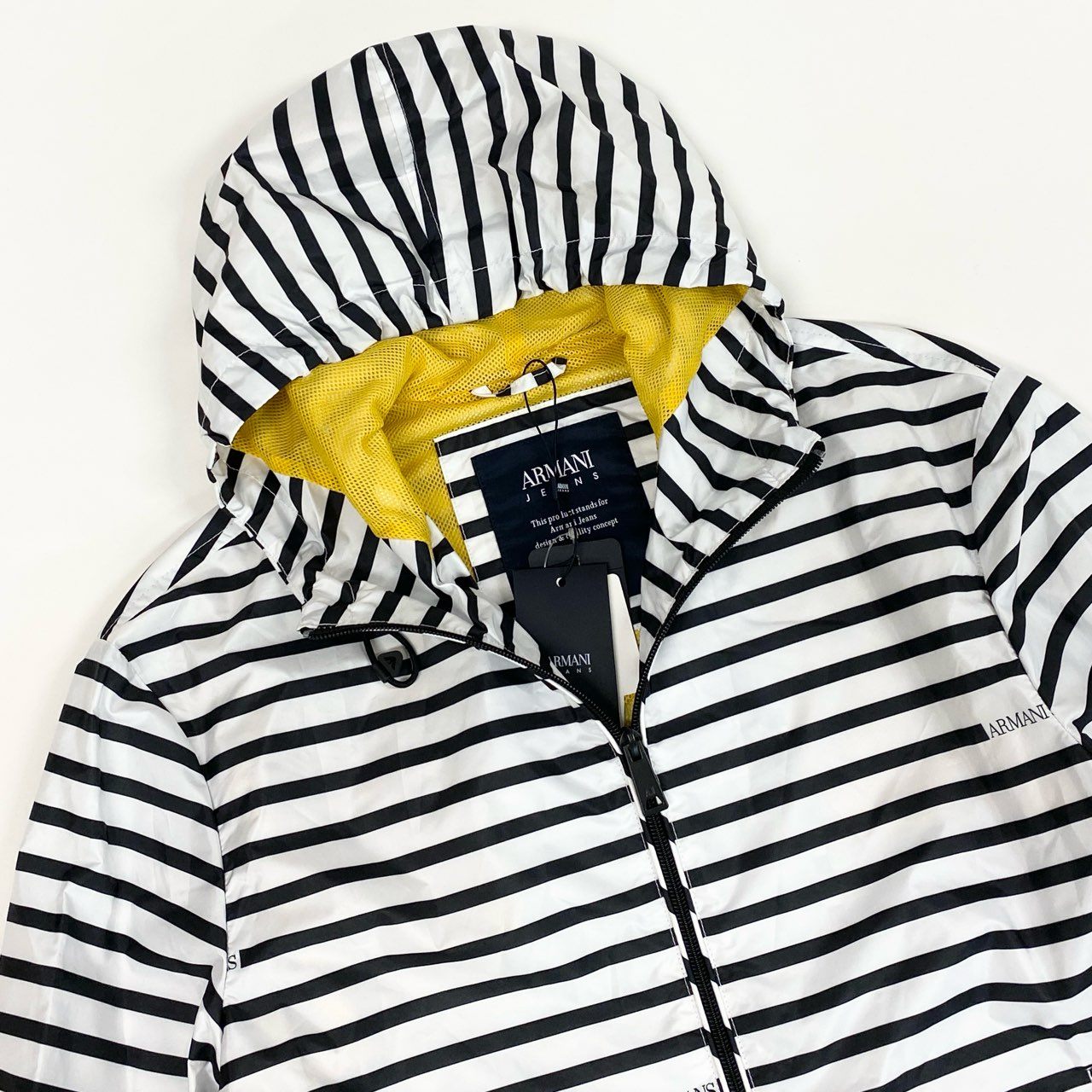 8L5【美品】ARMANI JEANS アルマーニジーンズ フーディージャケット  ダブルジップジャケット ボーダー 3Y6B20 6NDAZ 48サイズ ホワイト ブラック メンズu02t