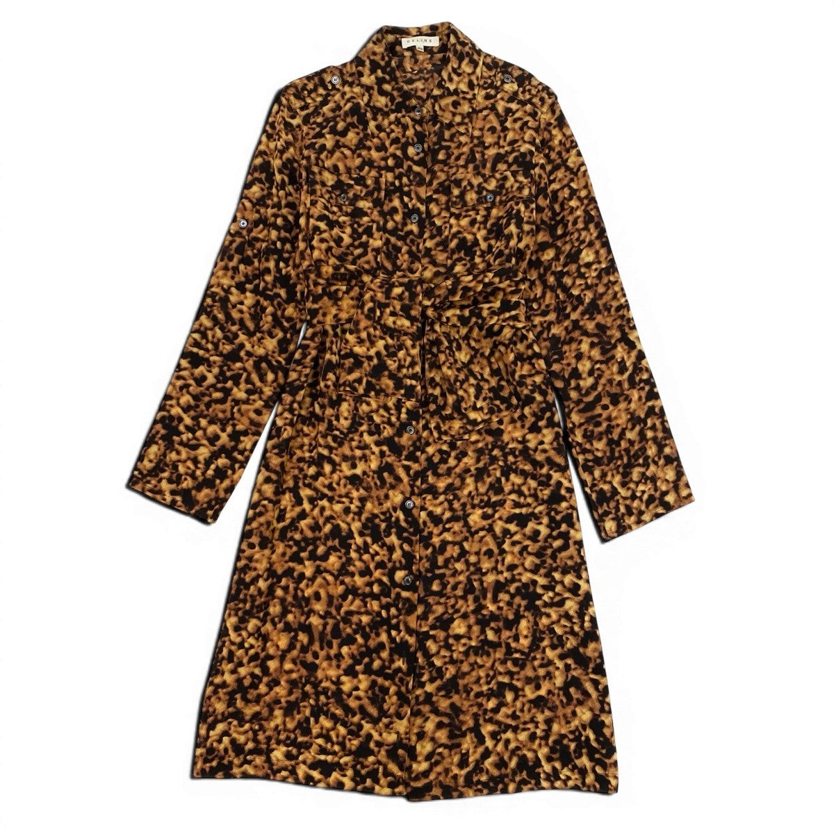 Ee28 CELINE セリーヌ シルクシャツ ロングワンピース スカーフ付 総柄プリント サイズ40 ブラウン系 シルク100％ レディース 女性服u02t