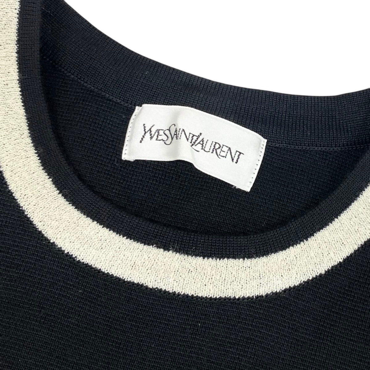 i21 YVESSAINT LAURENT クルーネックニットセーター ロゴ刺繍 チュニック丈 スリット Mサイズ ブラック ホワイト レディース 女性用u02t