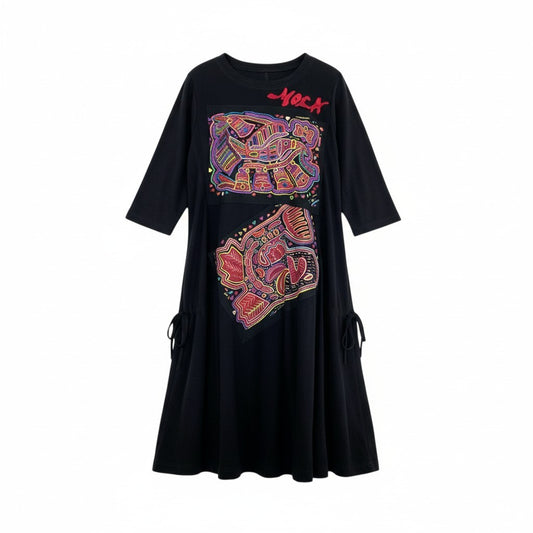 76k21《美品》 TOKUKO 1er VOL トクコプルミエヴォル 7分袖ワンピース サイドリボン マルチカラープリント ワンポイント刺繡 レディース 女性用 9 ブラックu02t