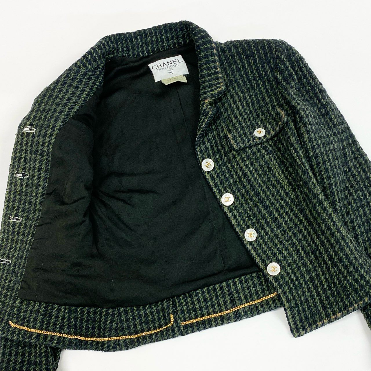 Ca14【Archive】CHANEL シャネル 1997年 collection P07184 ココマークボタン ツイードショートジャケット サイズ40 ダークグリーン系 レディース 女性用 アウターta1