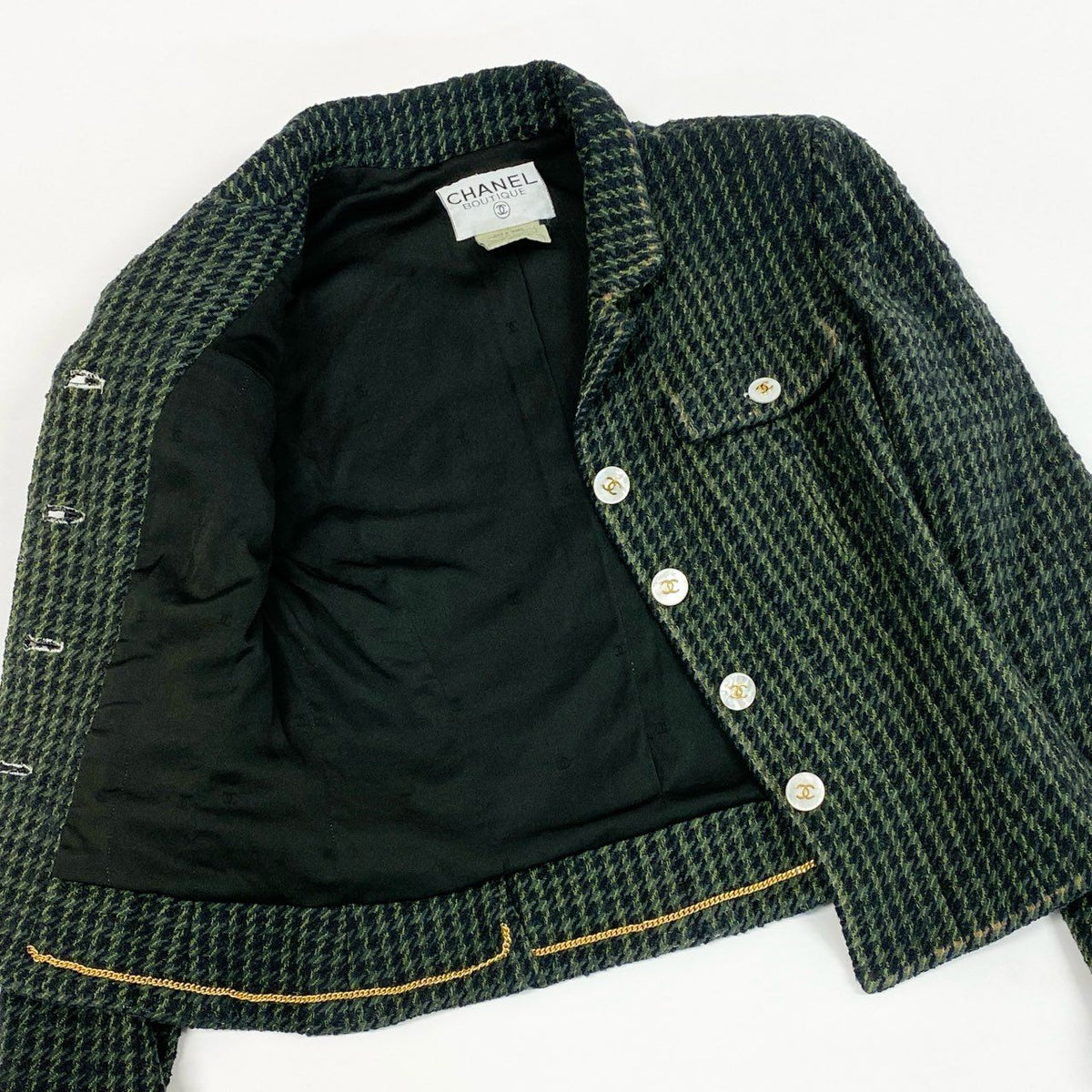 Ca14【Archive】CHANEL シャネル 1997年 collection P07184 ココマークボタン ツイードショートジャケット サイズ40 ダークグリーン系 レディース 女性用 アウターta1