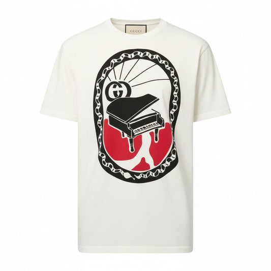 44b17 GUCCI グッチ 半袖Tシャツ ピアノプリント トップス Lサイズ ホワイト コットン100％ メンズ 男性用u02t