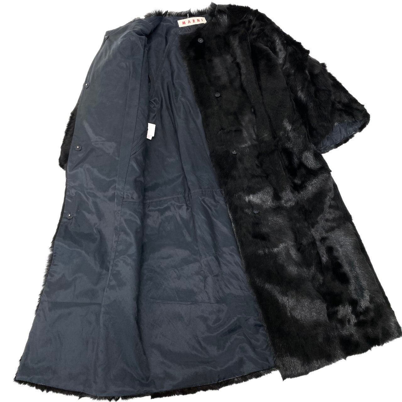 Ef8 MARNI マルニ ノーカラー ファーコート 七分袖 ロング丈 キッドファー サイズ38 イタリア製 ブラック レディース 女性用u02t
