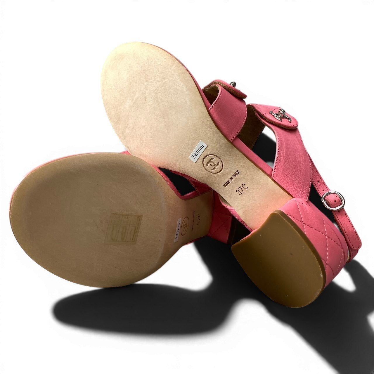 f10 【新品保管品】CHANEL シャネル マトラッセ ヌーンロック ココマーク サンダル イタリア製 37Cサイズ ピンク レザー レディース 女性用k02i