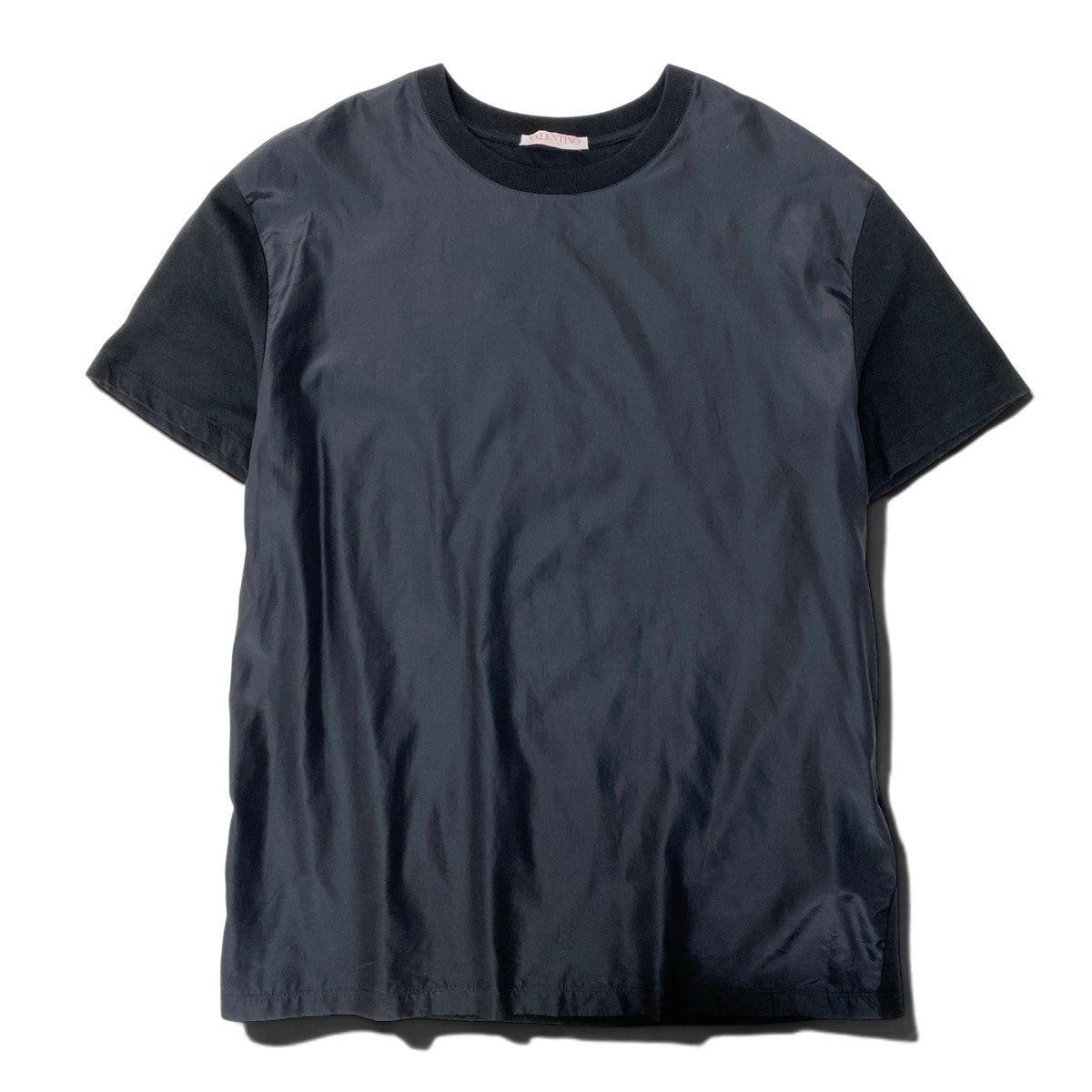 44h18 VALENTINO ヴァレンティノ 半袖カットソー Tシャツ ブランドロゴ 異素材切替 シルク ポリエステル 185/96A M ブラック メンズ 男性用t18r