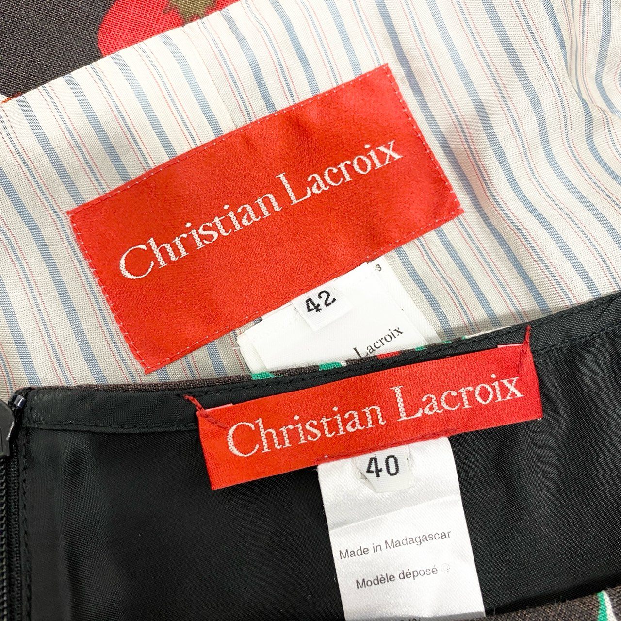 4k23 Christian Lacroix クリスチャンラクロワ セットアップスカート ダブルブレストジャケット フレアスカート 総柄 フェルトワッペン リネン混 レディース  42 ブラウンu02t