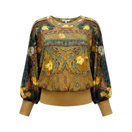 77b26 LEONARD レオナール ロングスリーブカットソー 美しいプリント 金ボタン ラメ マルチカラー シルク100％ レディース 女性用u02t