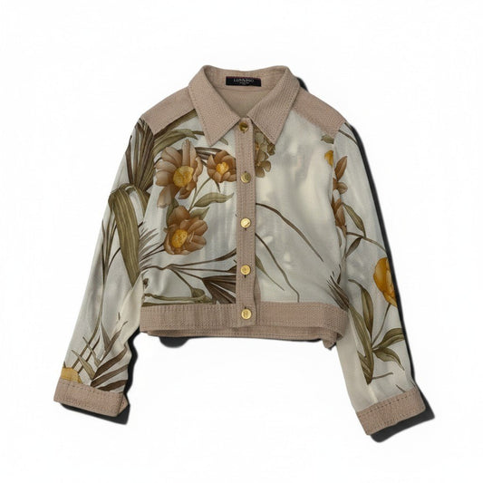 2g18 LEONARD FASHION レオナール シアージャケット 美しい花柄プリント リネンブレンド サイズ13R マルチカラー レディースu02t