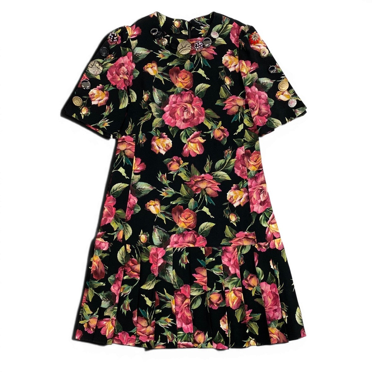 79g1 DOLCE&GABBANA ドルチェアンドガッバーナ ローズプリント 半袖ワンピース プリーツ切替 花柄 装飾ボタン ドレスワンピース サイズ36 ブラック レディースu02t