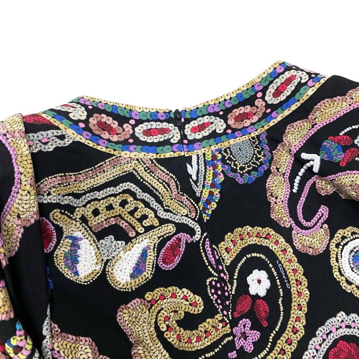 68h21 LEONARD FASHION レオナール ロングスリーブ ワンピース スパンコール風イラスト ドレスワンピース サイズ11 ブラック レディースu02t