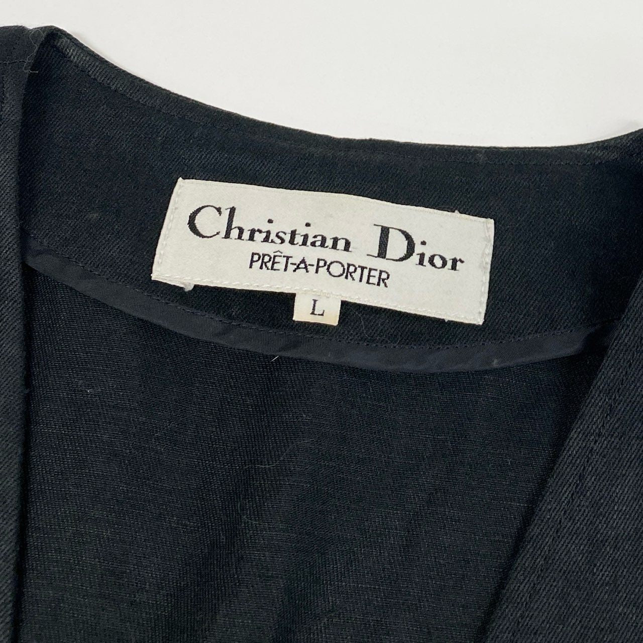 36a30 Vintage Christian Dior ヴィンテージ クリスチャンディオール ノーカラー 半袖ジャケット Collarless Short Sleeve Jacket Lサイズ ブラック リネン linen レディースo07t