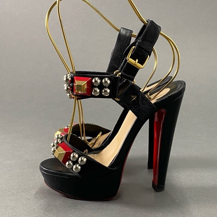 6h14 Christian Louboutin クリスチャンルブタン メタルビーズ スタッズ ストラップヒールサンダル 34 ブラック レザー シューズ イタリア製