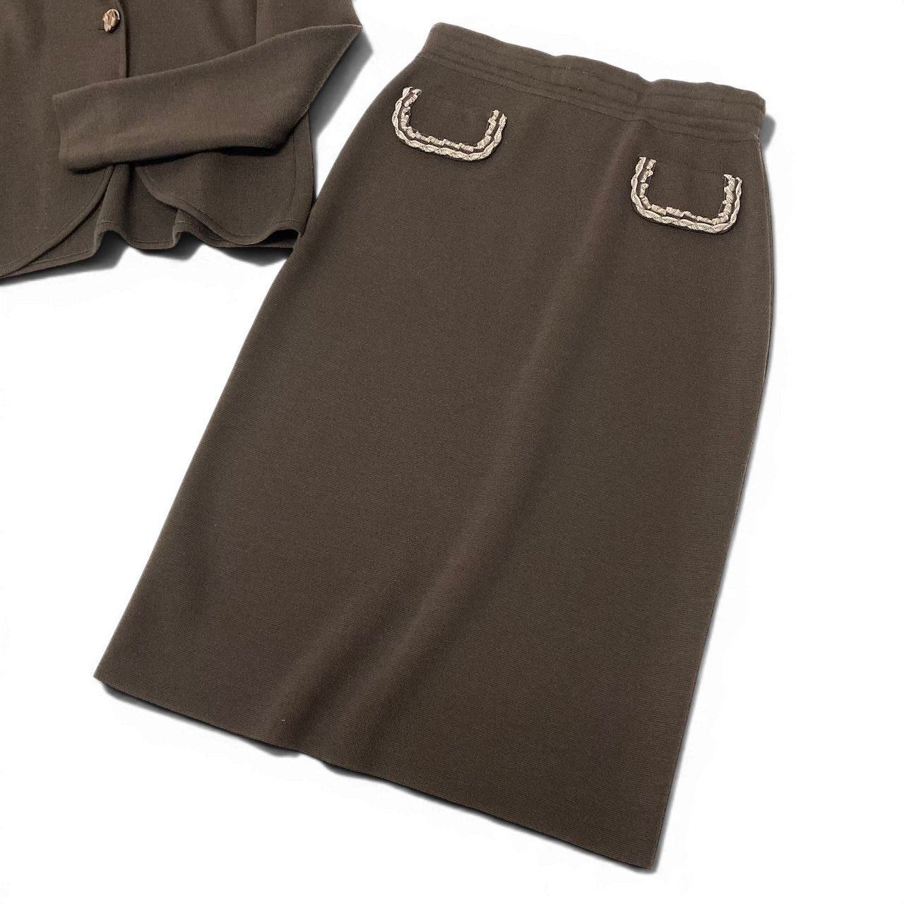 62e12 【美品】 Salvatore Ferragamo サルヴァトーレフェラガモ セットアップスカート ニットジャケット ニットスカート サイズL / M ブラウン ウール100％ レディース 女性用o07t