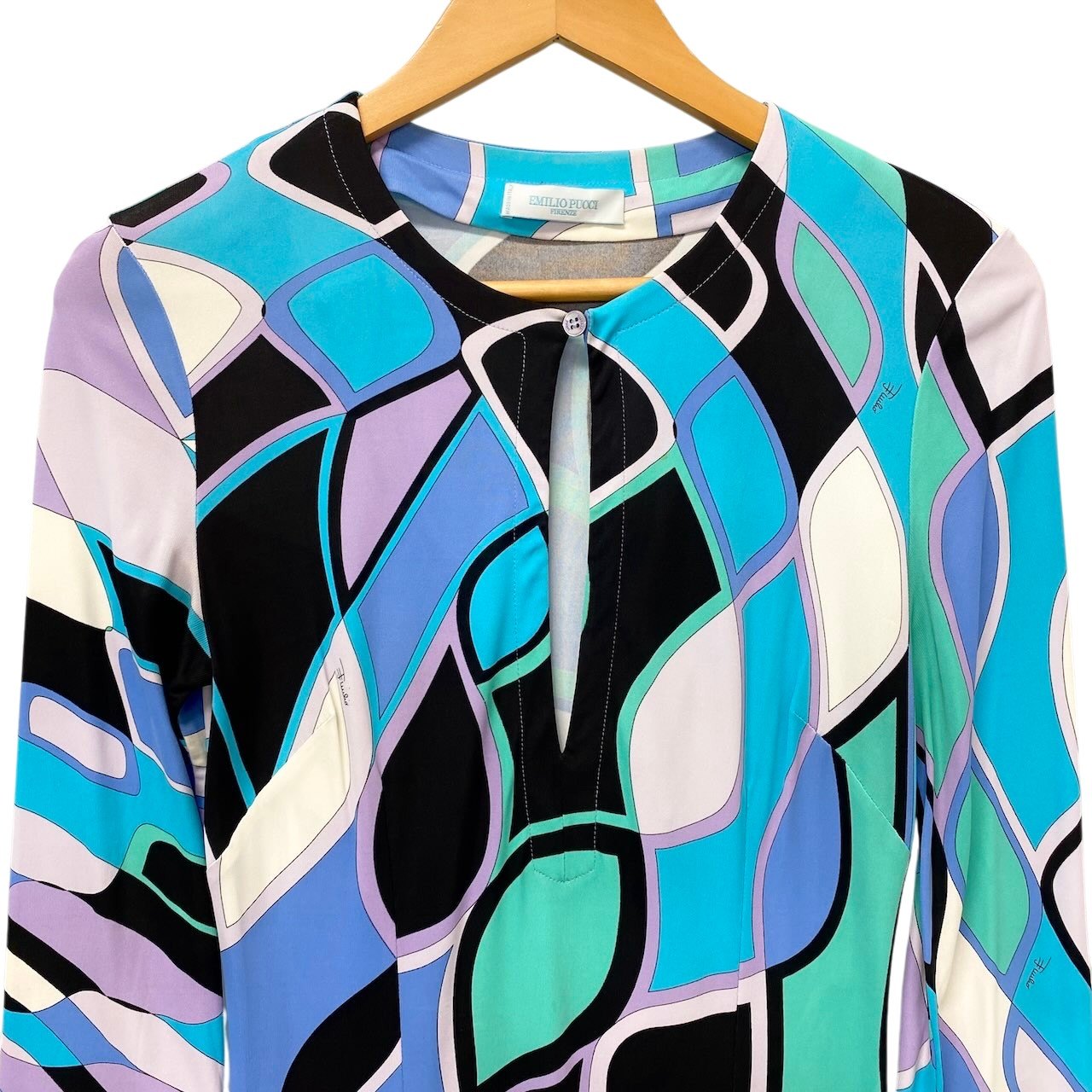 14g5 EMILIO PUCCI エミリオプッチ ロングワンピース 七分袖 総柄プリント イタリア製 40サイズ マルチカラー レーヨン100％ レディース 女性用u02t