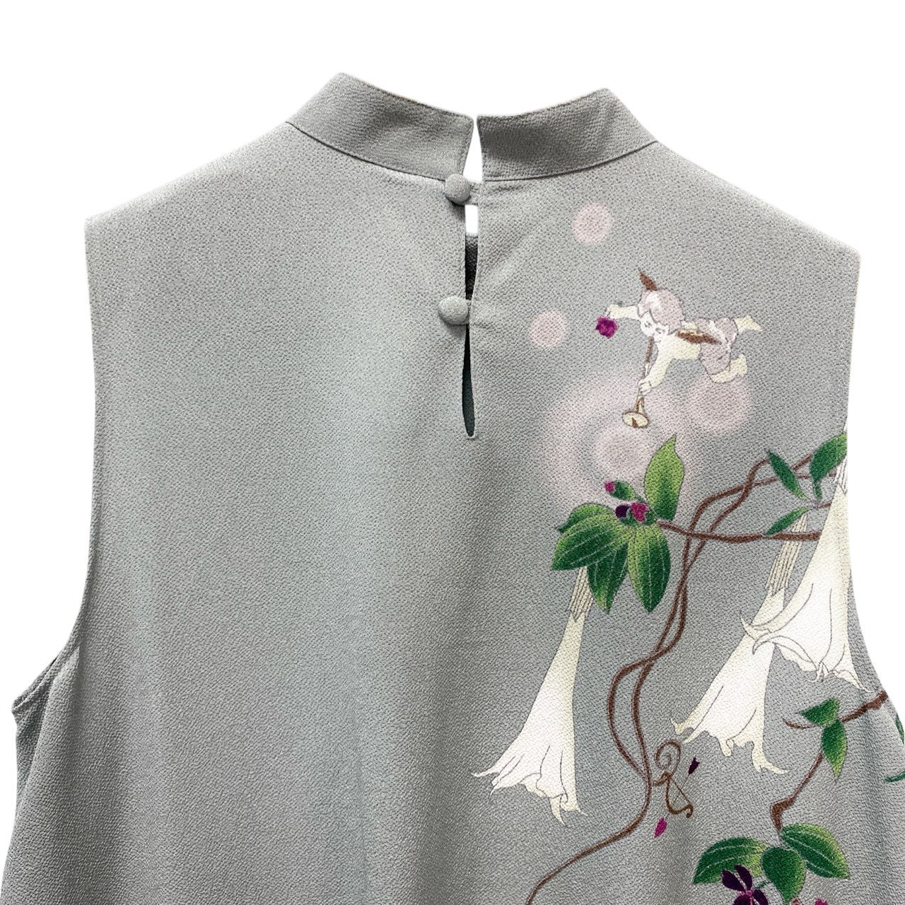 5c3 【美品】 SHISENDO TOMO COLLECTION 詩仙堂 ノースリーブワンピース 花柄プリント ハイネック ちりめん レディース 女性服 ライトグレー ポリエステル100％u02t