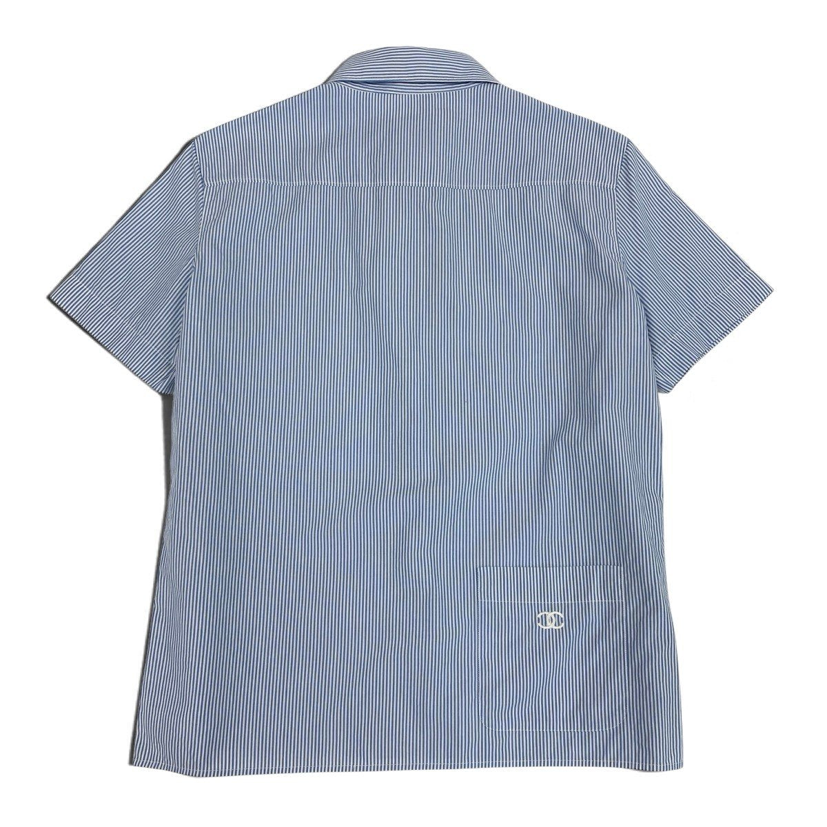 j1 CHANEL シャネル 1999 CCロゴ ストライプ 半袖シャツ Short-Sleeve Striped Shirt with CC Logo Size 40 Blue/White 100% Cotton Women'st18r