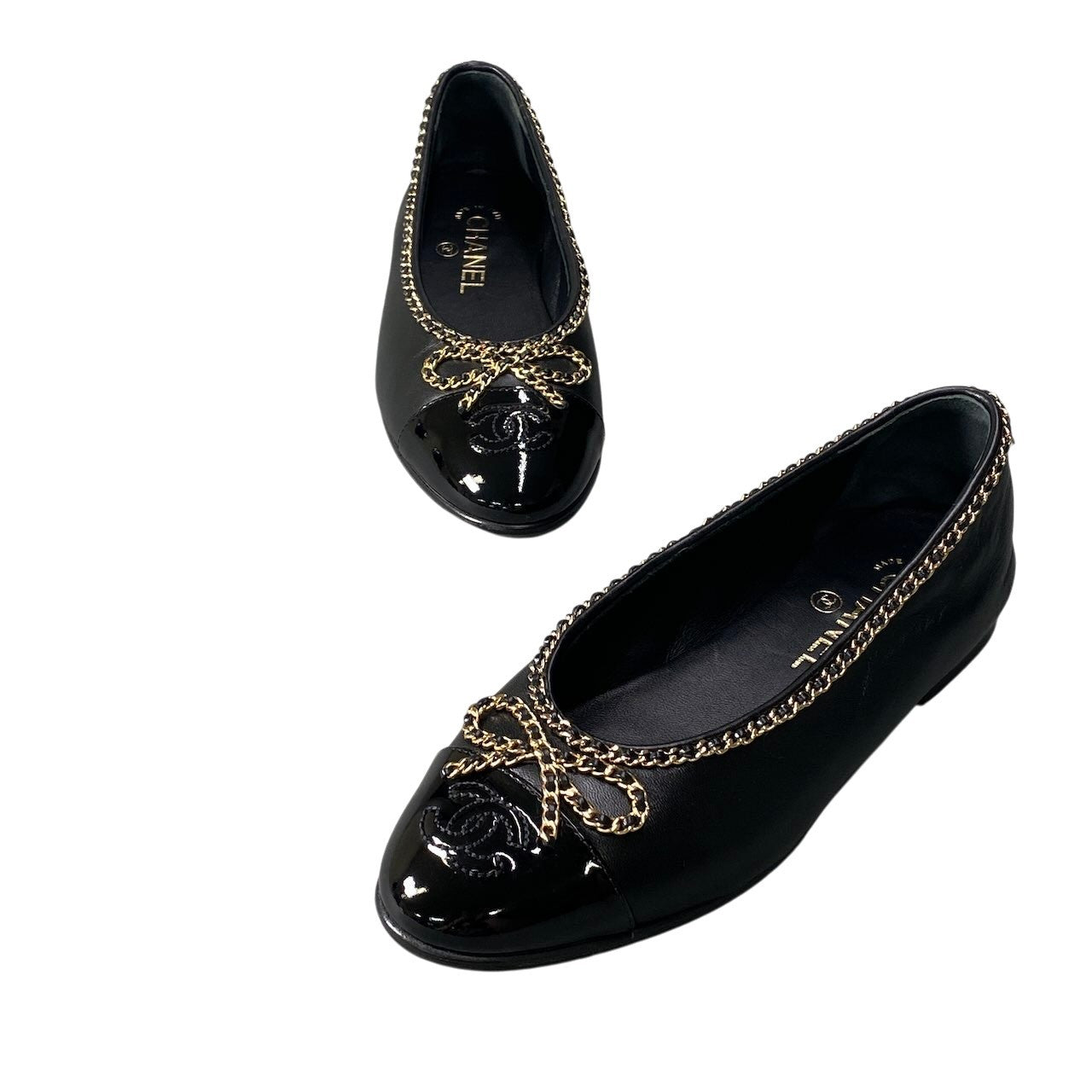 《極美品》 CHANEL シャネル 25B リボンチェーン バレリーナシューズ Ballerina Pumps Gold Chain G46663 36 1/2 ブラック ラムレザーt18r