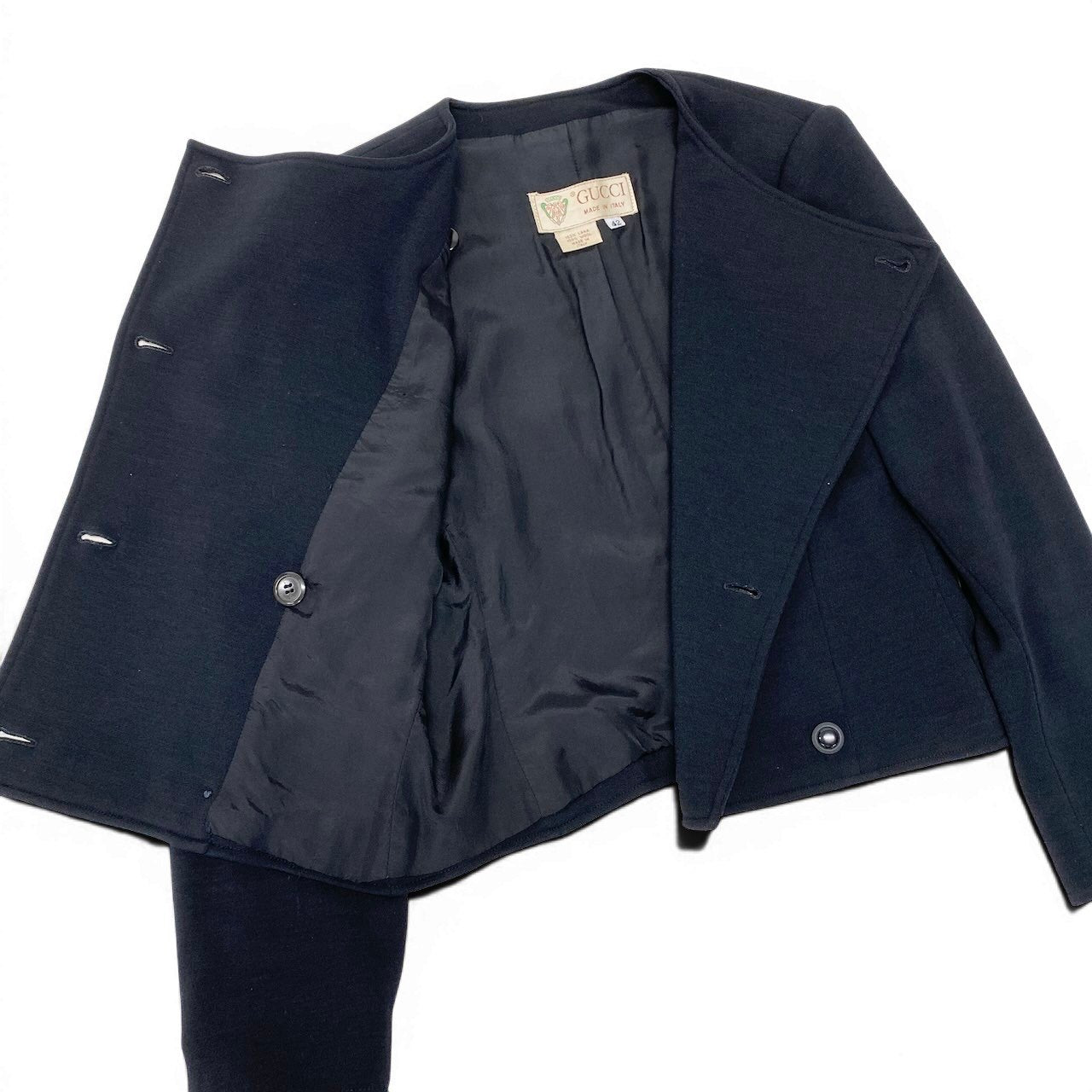 48e28 GUCCI グッチ vintage ノーカラージャケット ダブルブレスト  サイズ42 ブラック ウール100％ レディース 女性服o07t