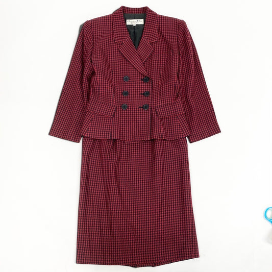 6i14 Christian Dior クリスチャンディオール スカートセットアップ テーラードジャケット スカート 千鳥格子 9サイズ レッド ブラック レディース 女性用u02t