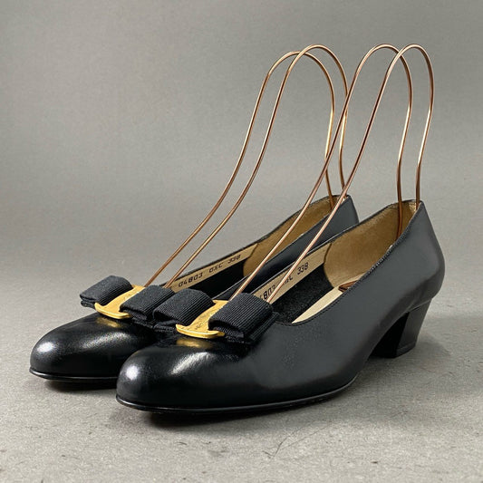 1h2 Salvatore Ferragamo サルヴァトーレフェラガモ ヴァラリボン レザーパンプス サイズ6 1/2C ブラック レザー レディース 女性用 靴 シューズ